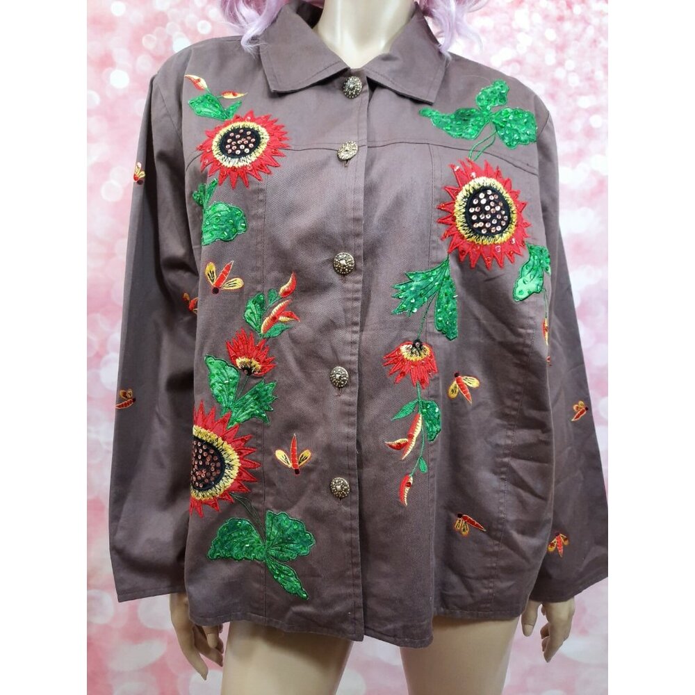 Vintage 90s Floral Applique Patches Utility Jacket Size XXL 2XL Brown Cotton